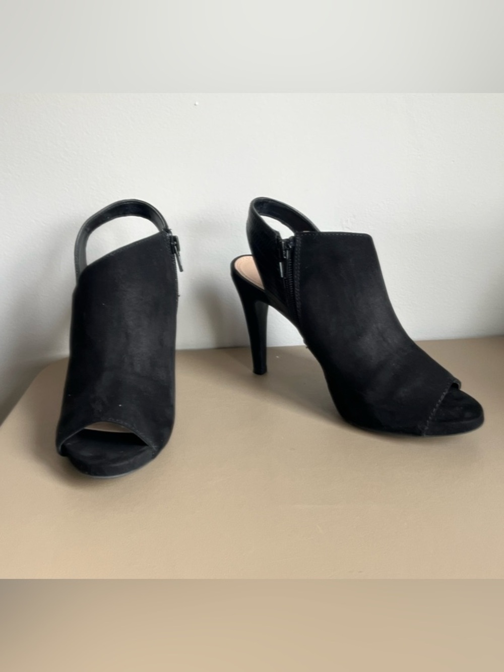 Kelly & Katie Black Suede Peep-Toe Slingback Heels